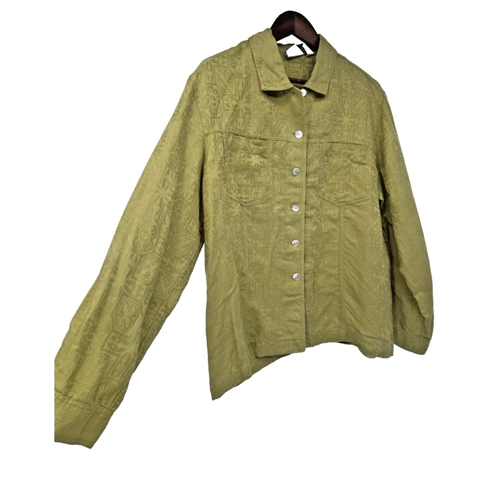 Chico's 2 Green Jacquard Button Front Jacket Blouse Lightweight linen collared